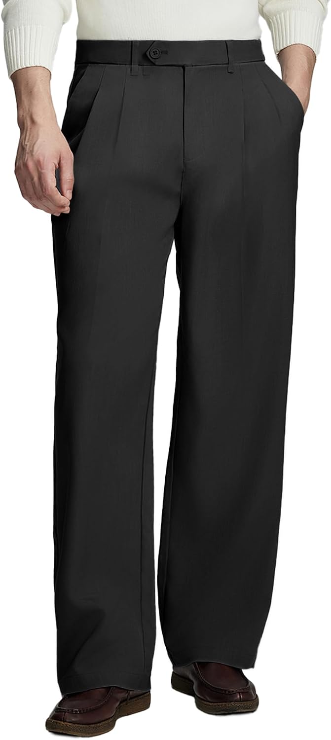 Men's casual dress pants, pleated baggy wide leg, old money style, relaxed fit.