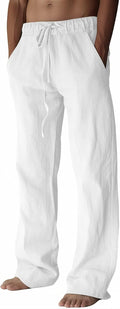Men's cotton linen pants, elastic waist drawstring, lightweight, wide leg loose design.