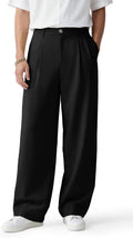 Men's casual pants, loose fit, pleated wide leg, stretch waist, zip fly.