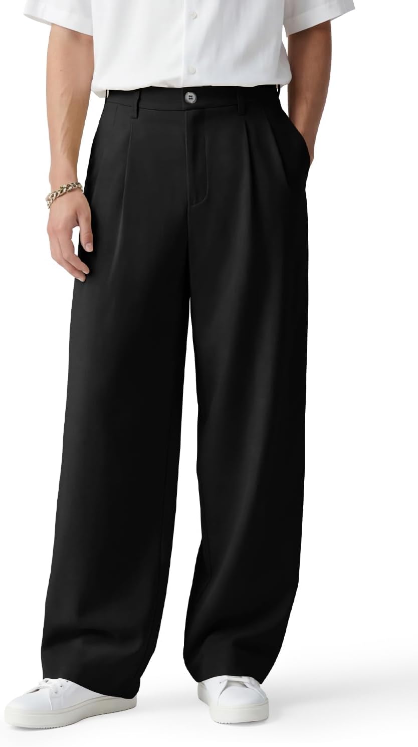 Men's casual pants, loose fit, pleated wide leg, stretch waist, zip fly.
