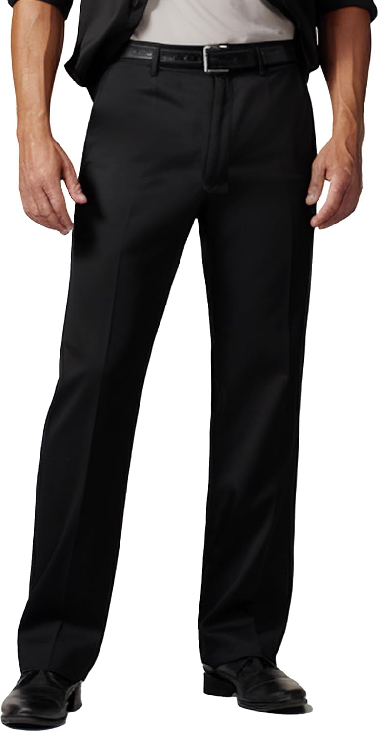 Men's dress pants, expandable waist, premium stretch texture.
