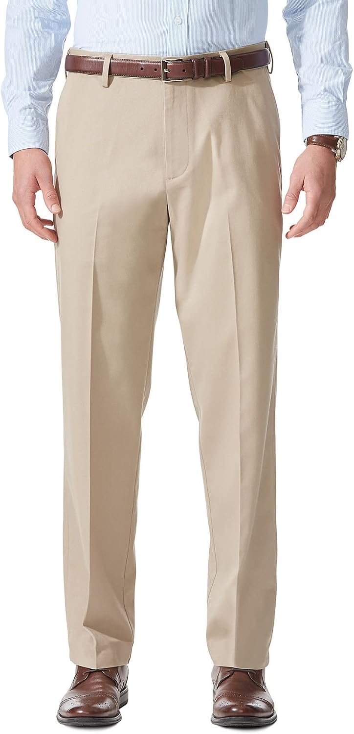 Men's stretch khaki pants, relaxed fit, flat-front.