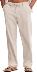 Men's cotton linen pants, lightweight, drawstring, elastic waist, stretch, breathable.